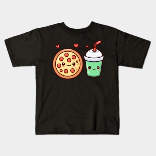 Kawaii Cute Food Illustration of a Pizza and a Milkshake | Cute Kawaii Art Design Kids T-Shirt